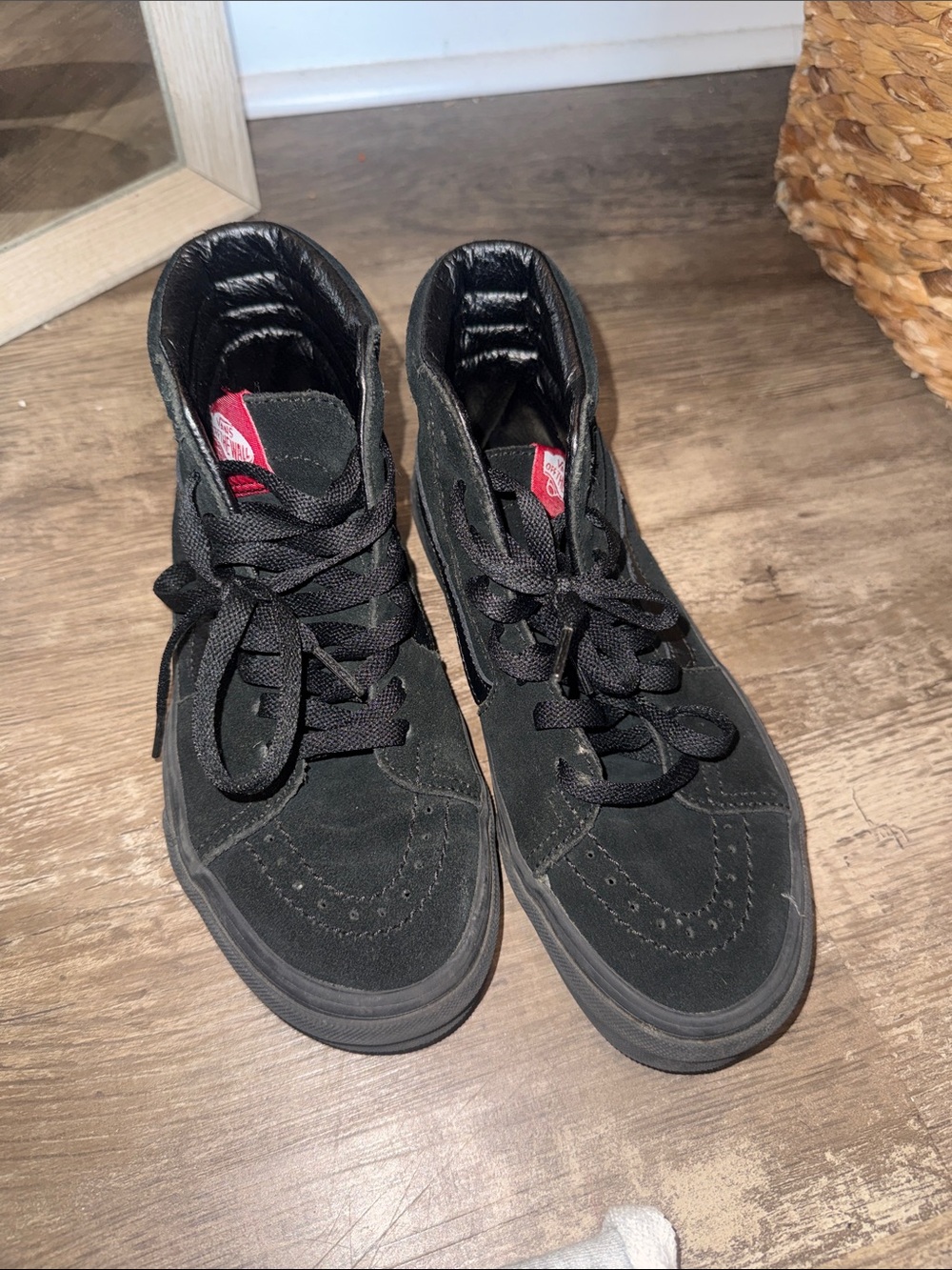 Vans Black High-Top Suede Skate Sneakers with Red Tongue Tag
